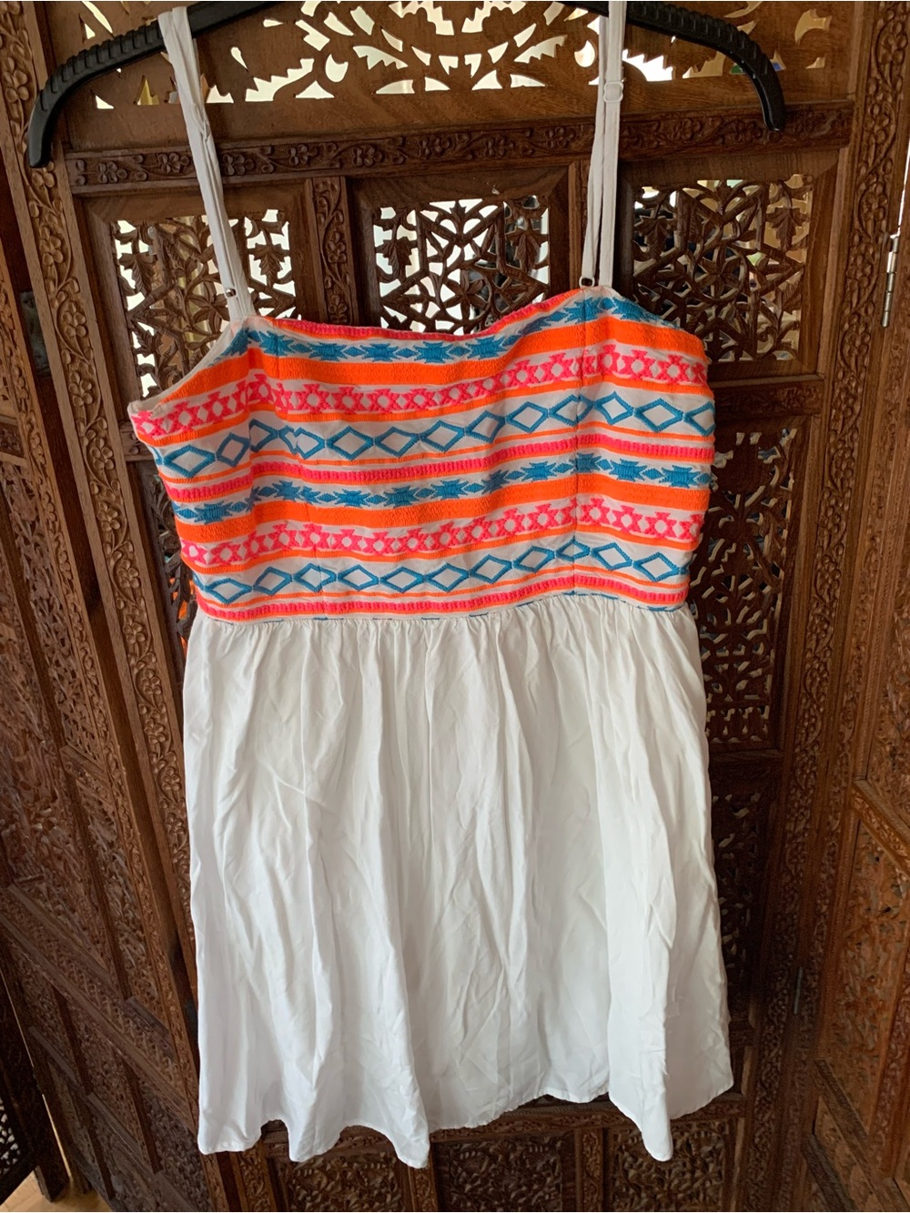 Umgee White Midi Dress with Neon Coral and Turquoise Embroidered Bodice